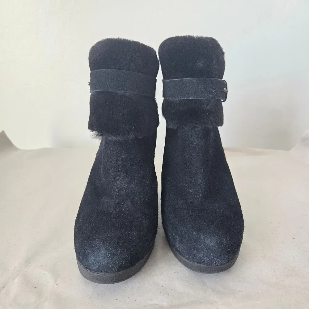 UGG Antonia Wedge Heel Bootie Ankle Boot Black Suede Sherpa Warm Winter Size 9